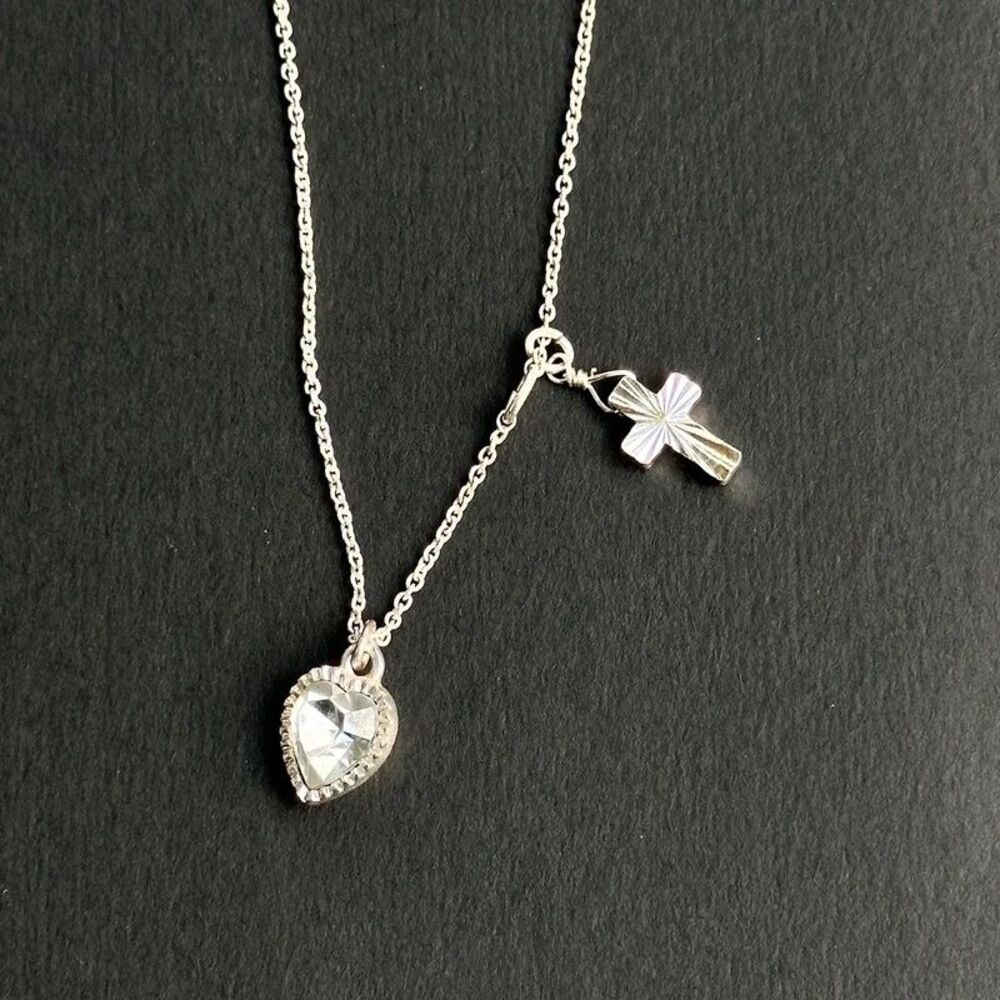 SAQ Silver-Tone Heart, Cross Charm Necklace
